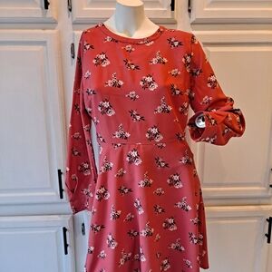 LOFT Floral Salmon Pink A-line Long Sleeve Mini Dress